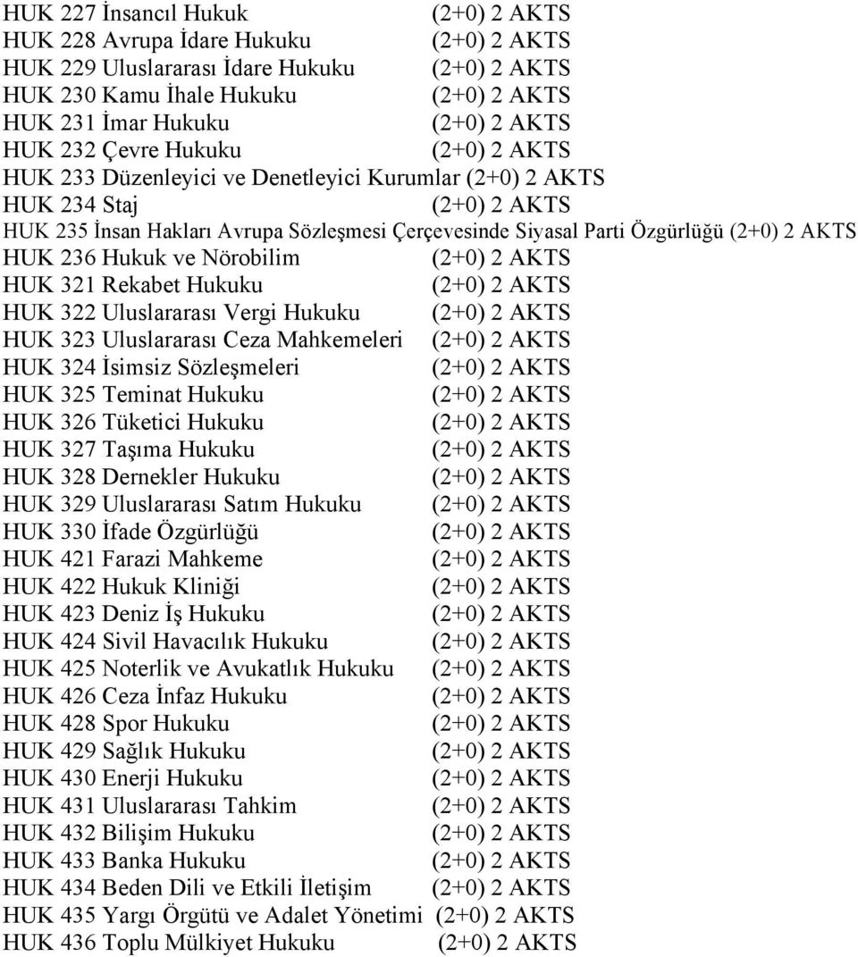 Hukuku 326 Tüketici Hukuku 327 Taşıma Hukuku 328 Dernekler Hukuku 329 Uluslararası Satım Hukuku 330 İfade Özgürlüğü 421 Farazi Mahkeme 422 Hukuk Kliniği 423 Deniz İş Hukuku 424 Sivil Havacılık Hukuku