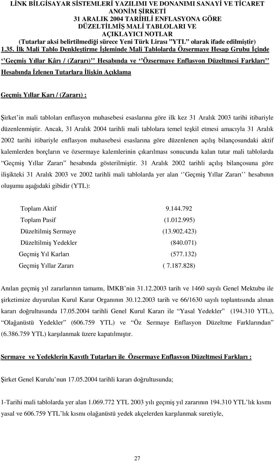 Ancak, 31 Aralık 2004 tarihli mali tablolara temel teşkil etmesi amacıyla 31 Aralık 2002 tarihi itibariyle enflasyon muhasebesi esaslarına göre düzenlenen açılış bilançosundaki aktif kalemlerden