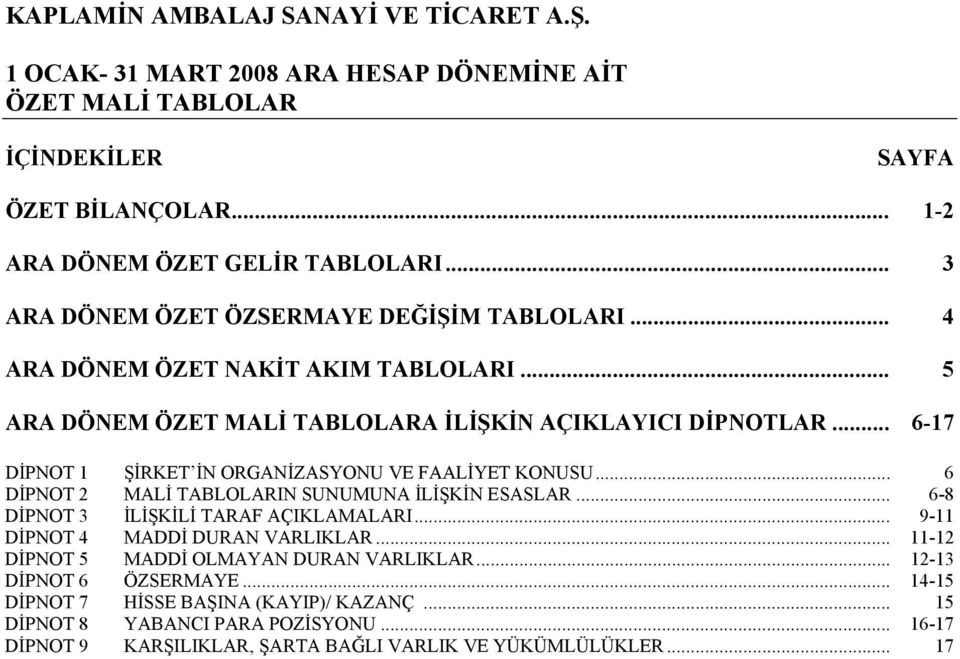 .. 6 DİPNOT 2 MALİ TABLOLARIN SUNUMUNA İLİŞKİN ESASLAR... 6-8 DİPNOT 3 İLİŞKİLİ TARAF AÇIKLAMALARI... 9-11 DİPNOT 4 MADDİ DURAN VARLIKLAR.