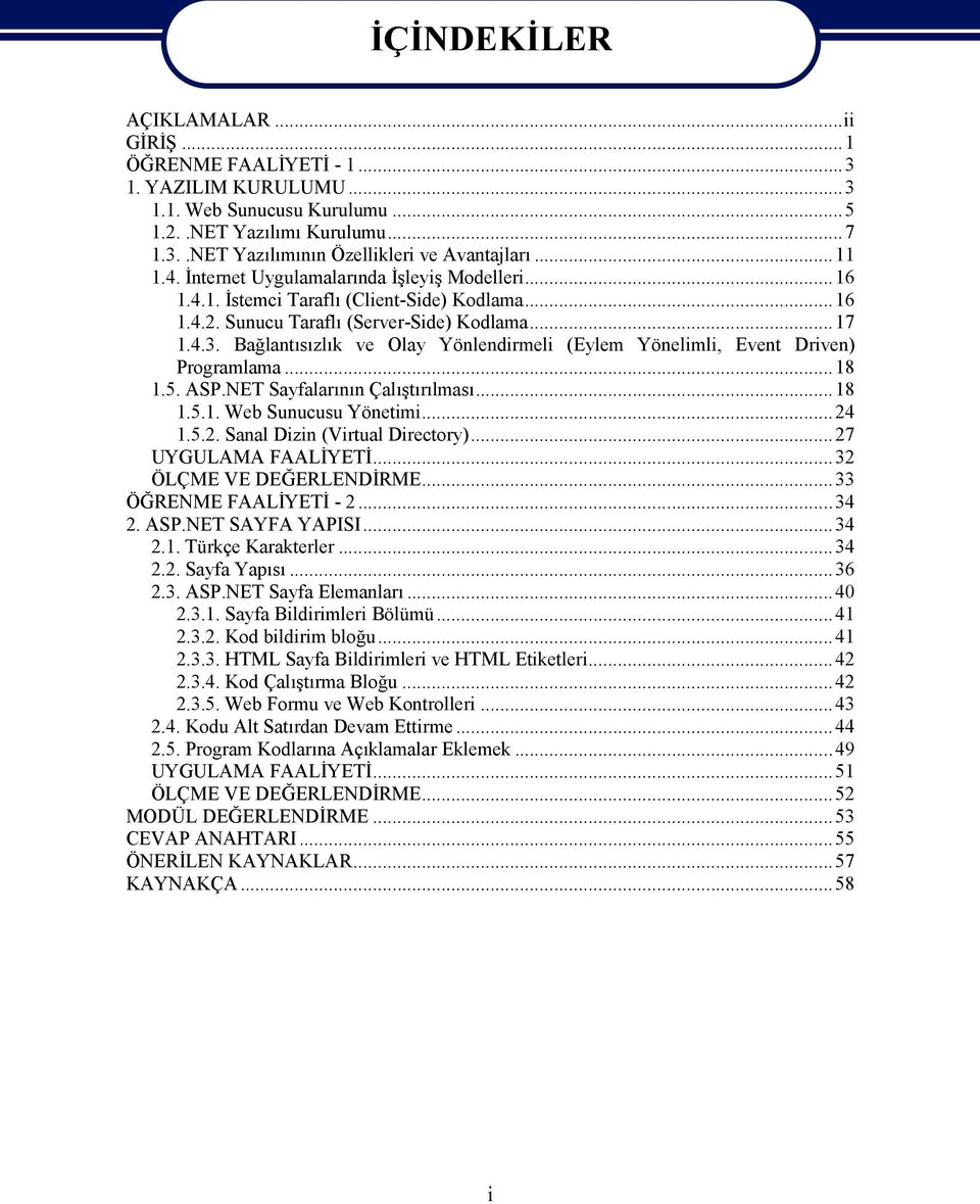 Bağlantısızlık ve Olay Yönlendirmeli (Eylem Yönelimli, Event Driven) Programlama...18 1.5. ASP.NET Sayfalarının Çalıştırılması...18 1.5.1. Web Sunucusu Yönetimi...24 1.5.2. Sanal Dizin (Virtual Directory).