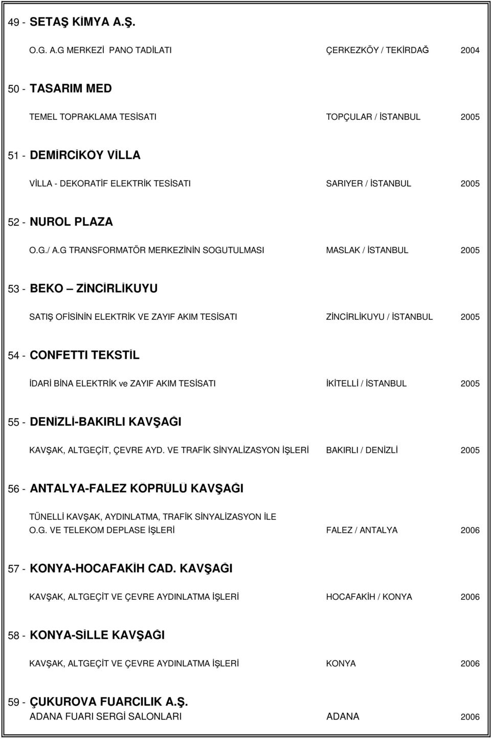 G MERKEZĐ PANO TADĐLATI ÇERKEZKÖY / TEKĐRDAĞ 2004 50 - TASARIM MED TEMEL TOPRAKLAMA TESĐSATI TOPÇULAR / ĐSTANBUL 2005 51 - DEMĐRCĐKÖY VĐLLA VĐLLA - DEKORATĐF ELEKTRĐK TESĐSATI SARIYER / ĐSTANBUL 2005