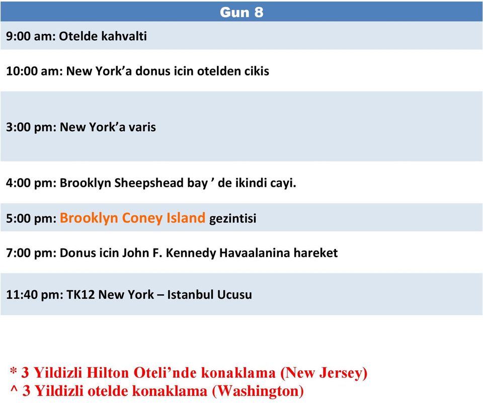 5:00 pm: Brooklyn Coney Island gezintisi 7:00 pm: Donus icin John F.