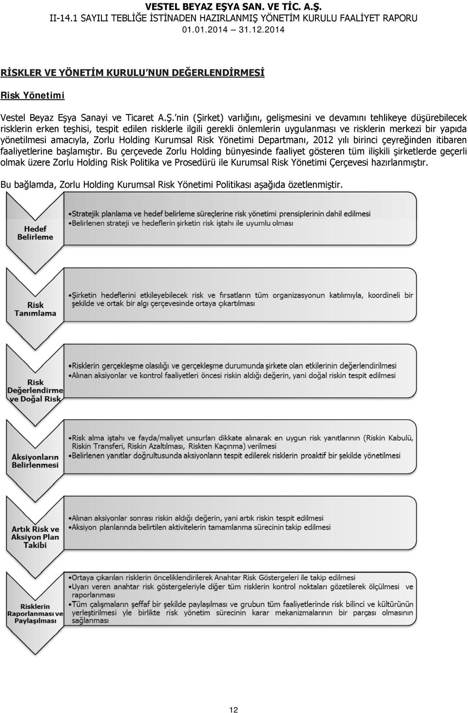 merkezi bir yapıda yönetilmesi amacıyla, Zorlu Holding Kurumsal Risk Yönetimi Departmanı, 2012 yılı birinci çeyreğinden itibaren faaliyetlerine başlamıştır.