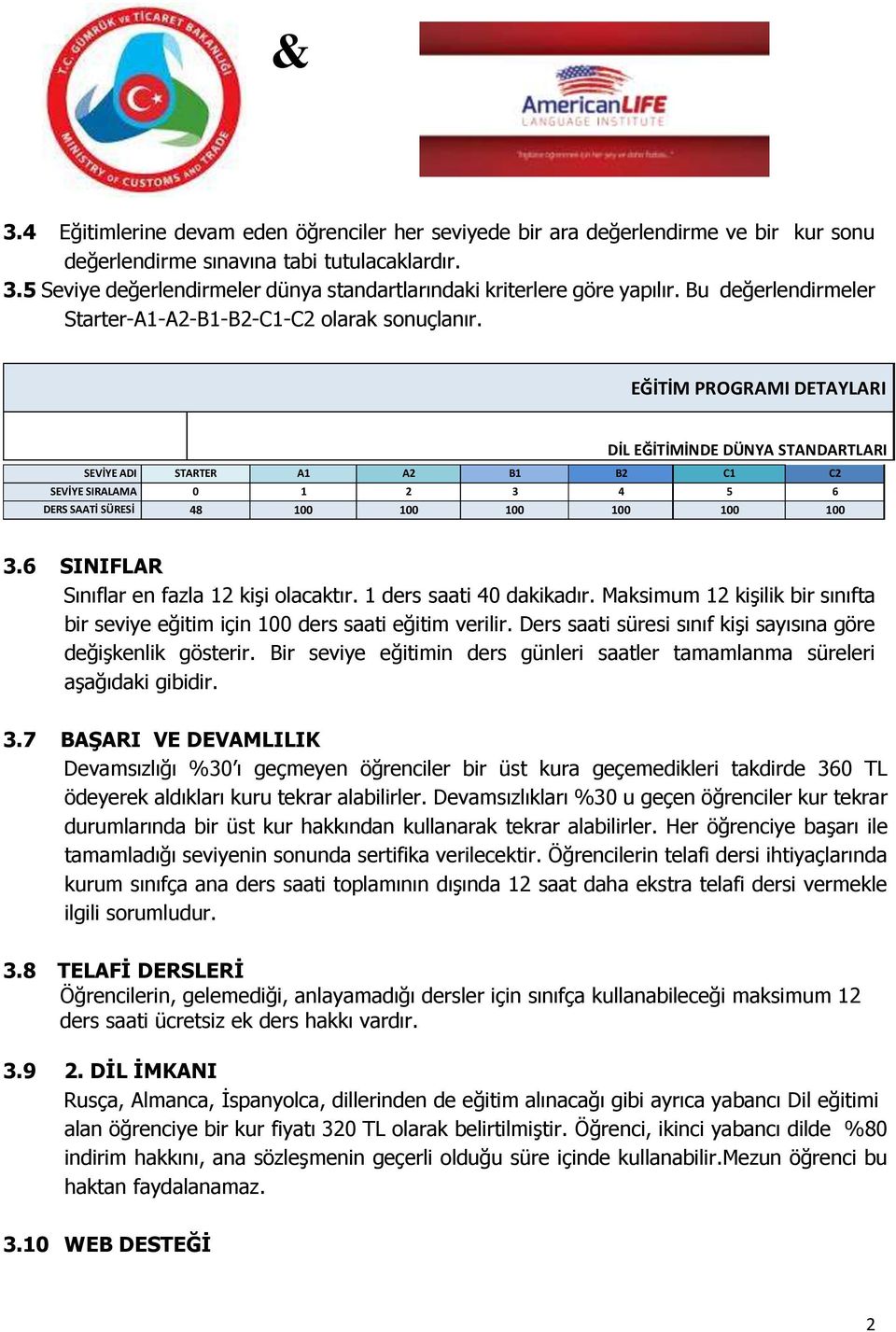 EĞİTİM PROGRAMI DETAYLARI DİL EĞİTİMİNDE DÜNYA STANDARTLARI SEVİYE ADI STARTER A1 A2 B1 B2 C1 C2 SEVİYE SIRALAMA 0 1 2 3 4 5 6 DERS SAATİ SÜRESİ 48 100 100 100 100 100 100 3.