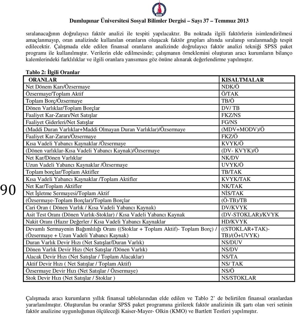 Çalışmada elde edilen finansal oranların analizinde doğrulayıcı faktör analizi tekniği SPSS paket programı ile kullanılmıştır.