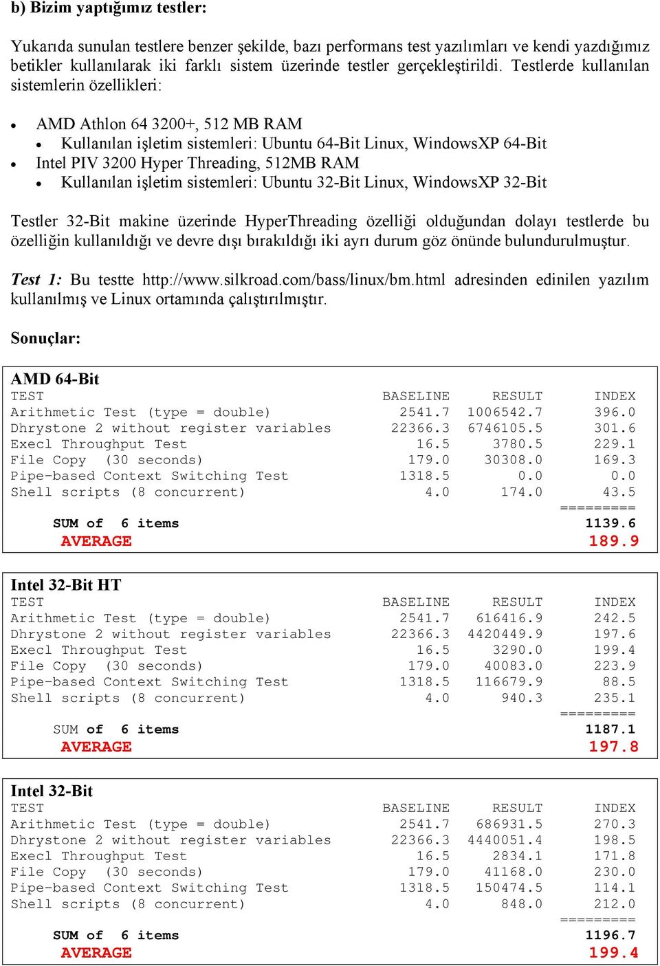 işletim sistemleri: Ubuntu 32-Bit Linux, WindowsXP 32-Bit Testler 32-Bit makine üzerinde HyperThreading özelliği olduğundan dolayı testlerde bu özelliğin kullanıldığı ve devre dışı bırakıldığı iki