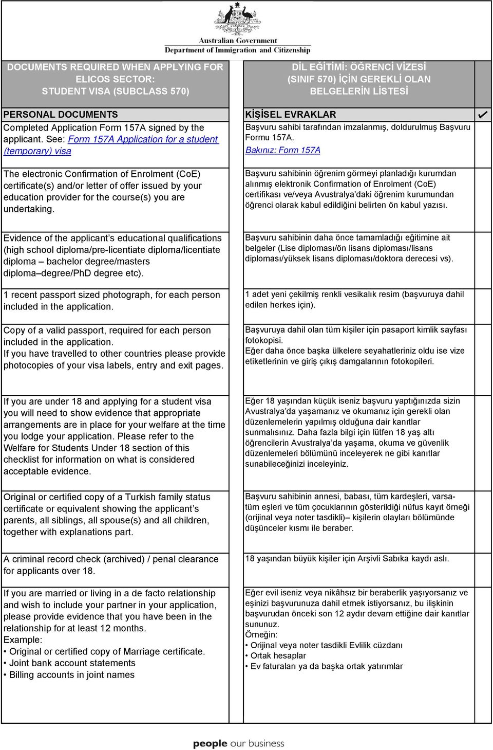 are undertaking. DİL EĞİTİMİ: ÖĞRENCİ VİZESİ (SINIF 570) İÇİN GEREKLİ OLAN BELGELERİN LİSTESİ KİŞİSEL EVRAKLAR Başvuru sahibi tarafından imzalanmış, doldurulmuş Başvuru Formu 157A.
