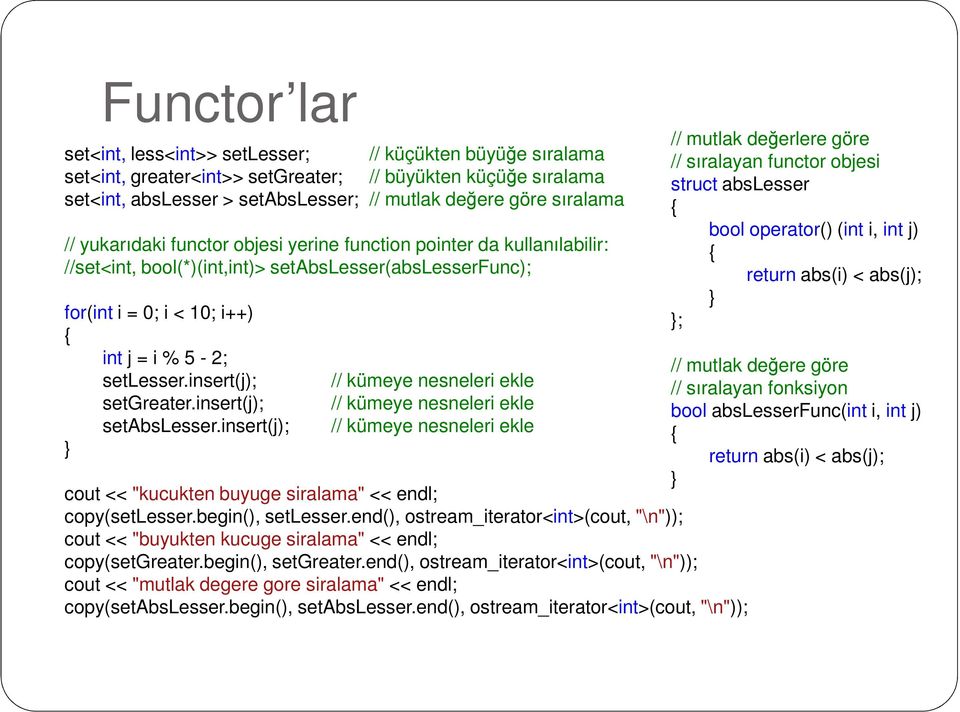 insert(j); setgreater.insert(j); setabslesser.insert(j); } // kümeye nesneleri ekle // kümeye nesneleri ekle // kümeye nesneleri ekle cout << "kucukten buyuge siralama" << endl; copy(setlesser.