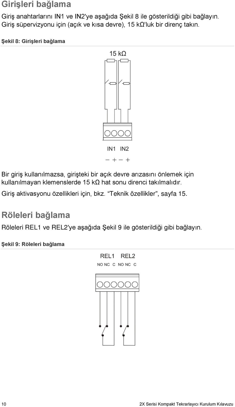 Şekil 8: Girişleri bağlama Bir giriş kullanılmazsa, girişteki bir açık devre arızasını önlemek için kullanılmayan klemenslerde 15 kω hat sonu