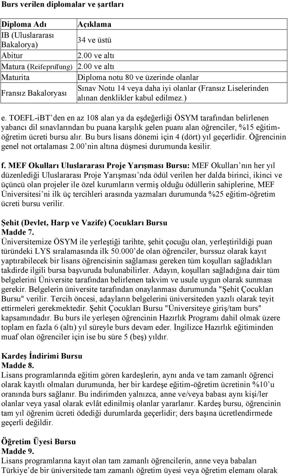 TOEFL-iBT den en az 108 alan ya da eşdeğerliği ÖSYM tarafından belirlenen yabancı dil sınavlarından bu puana karşılık gelen puanı alan öğrenciler, %15 eğitimöğretim ücreti bursu alır.