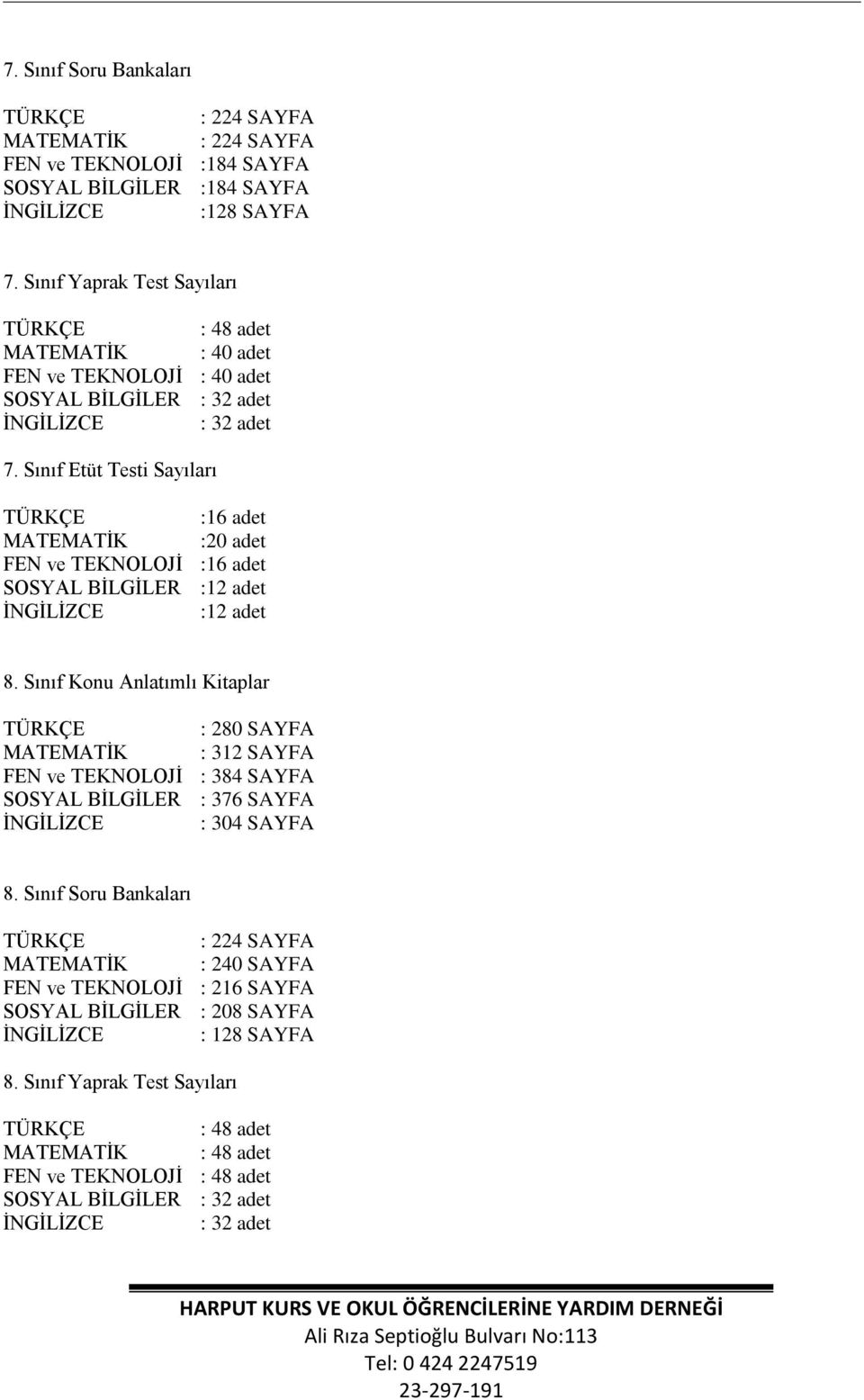 Sınıf Etüt Testi Sayıları :16 adet :20 adet FEN ve TEKNOLOJİ :16 adet SOSYAL BİLGİLER :12 adet İNGİLİZCE :12 adet 8.