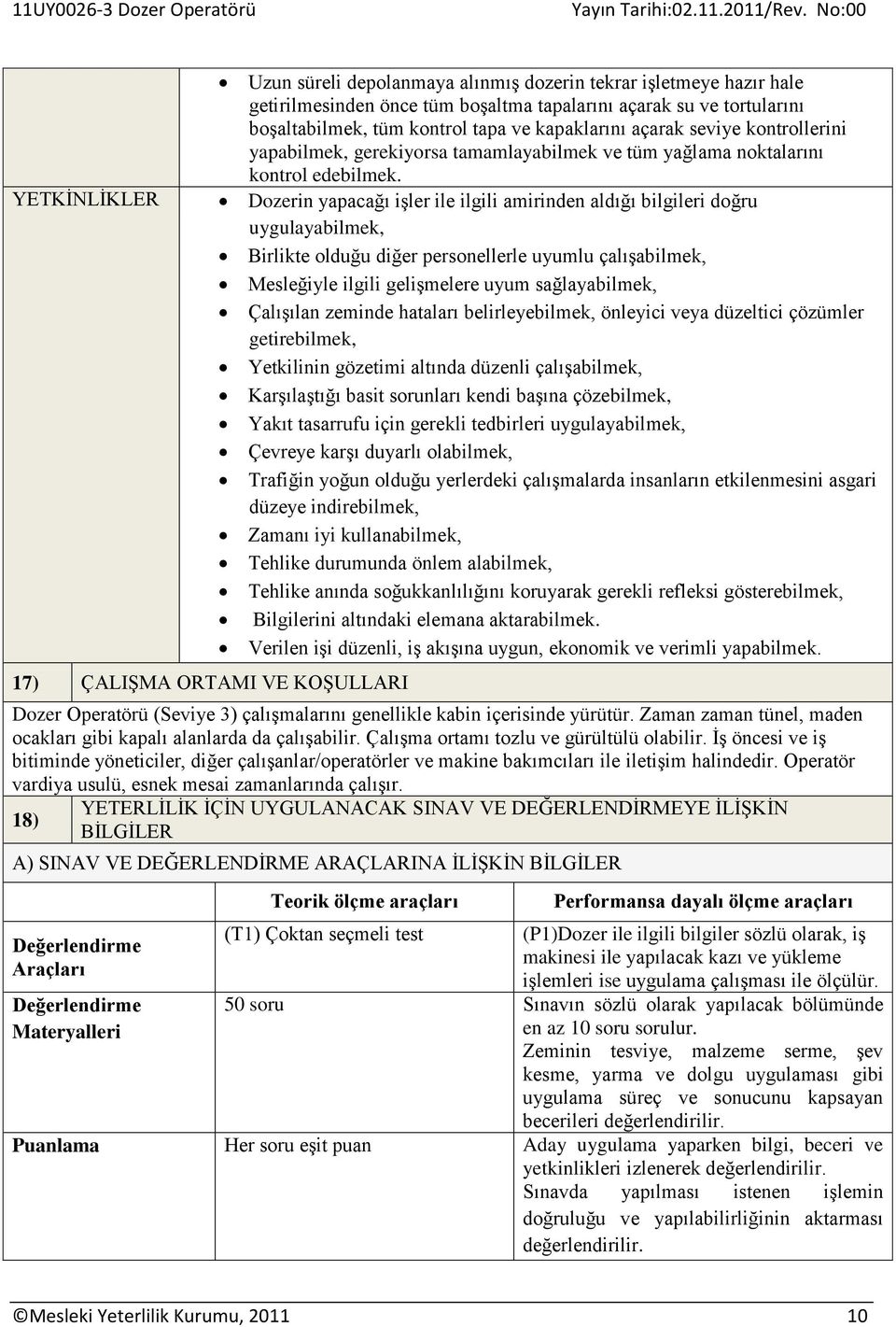 Dozerin yapacağı işler ile ilgili amirinden aldığı bilgileri doğru uygulayabilmek, Birlikte olduğu diğer personellerle uyumlu çalışabilmek, Mesleğiyle ilgili gelişmelere uyum sağlayabilmek, Çalışılan