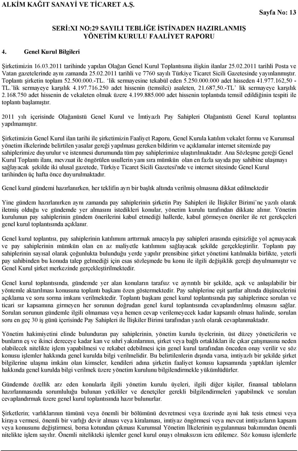 lik sermayesine tekabül eden 5.250.000.000 adet hisseden 41.977.162,50 - TL. lik sermayeye karşılık 4.197.716.250 adet hissenin (temsilci) asaleten, 21.687,50.-TL lik sermayeye karşılık 2.168.