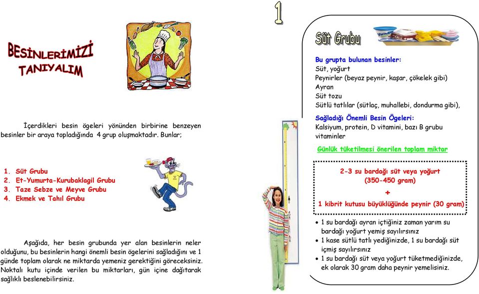 Bunlar; Sağladığı Önemli Besin Ögeleri: Kalsiyum, protein, D vitamini, bazı B grubu vitaminler Günlük tüketilmesi önerilen toplam miktar 1. Süt Grubu 2. Et-Yumurta-Kurubaklagil Grubu 3.