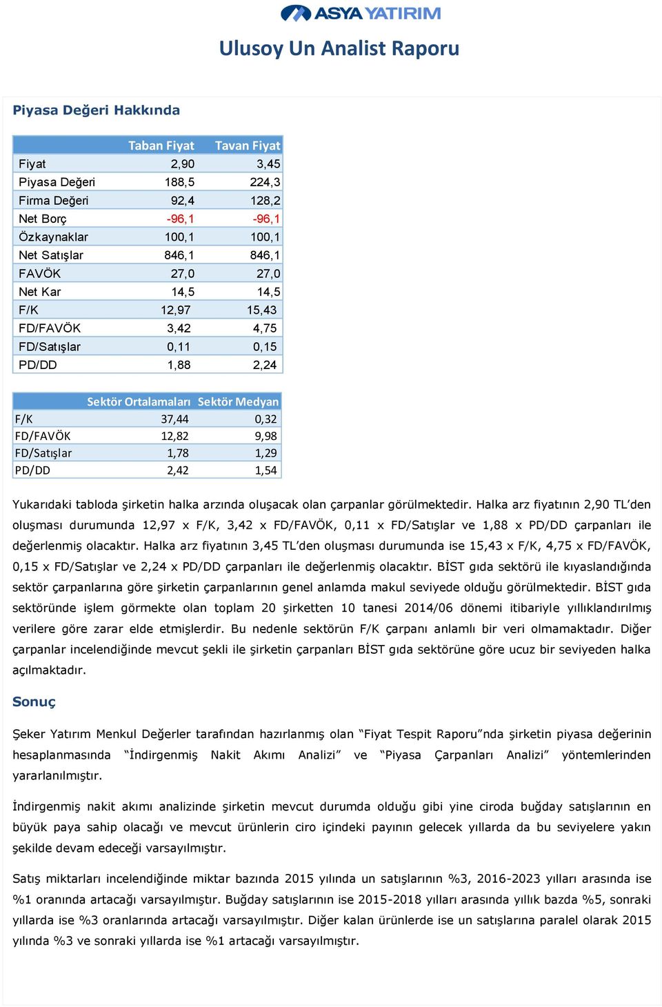 Yukarıdaki tabloda şirketin halka arzında oluşacak olan çarpanlar görülmektedir.