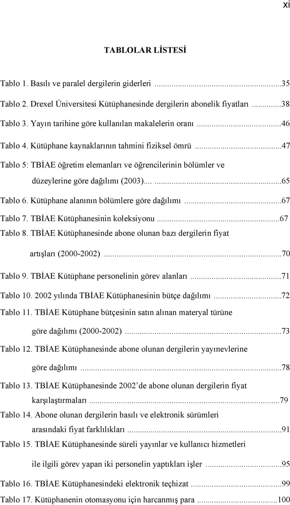 ..47 Tablo 5: TBİAE öğretim elemanları ve öğrencilerinin bölümler ve düzeylerine göre dağılımı (2003)......65 Tablo 6. Kütüphane alanının bölümlere göre dağılımı...67 Tablo 7.