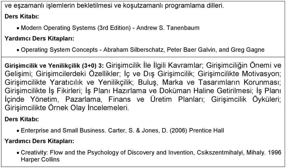 Gelişimi; Girişimcilerdeki Özellikler; İç ve Dış Girişimcilik; Girişimcilikte Motivasyon; Girişimcilikte Yaratıcılık ve Yenilikçilik; Buluş, Marka ve Tasarımların Korunması; Girişimcilikte İş