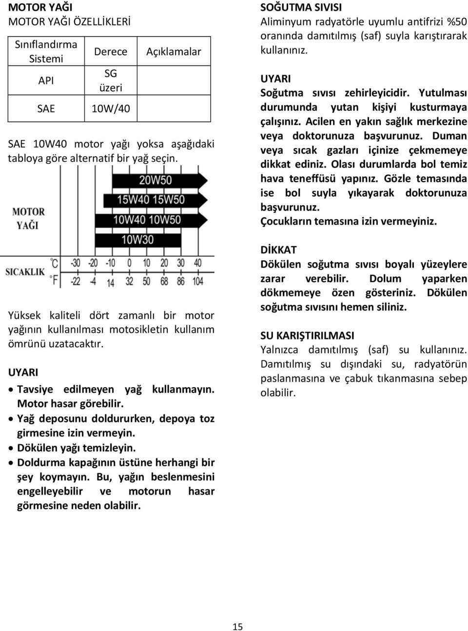 Yağ deposunu doldururken, depoya toz girmesine izin vermeyin. Dökülen yağı temizleyin. Doldurma kapağının üstüne herhangi bir şey koymayın.