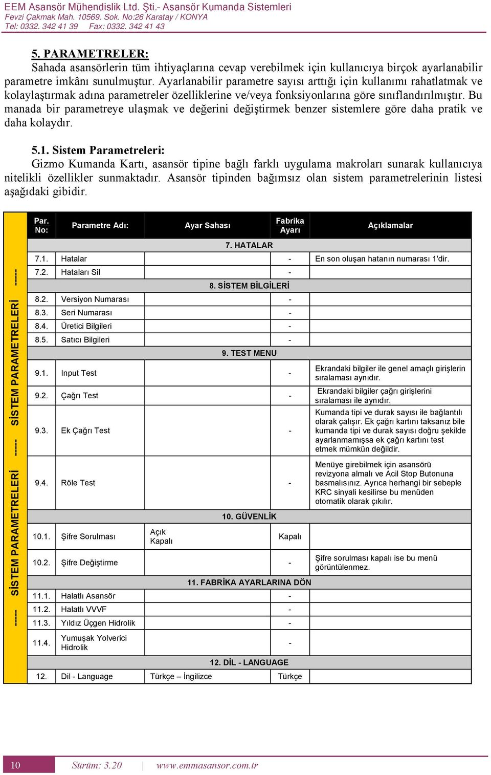 yarlanabilir parametre sayısı arttığı için kullanımı rahatlatmak ve kolaylaştırmak adına parametreler özelliklerine ve/veya fonksiyonlarına göre sınıflandırılmıştır.