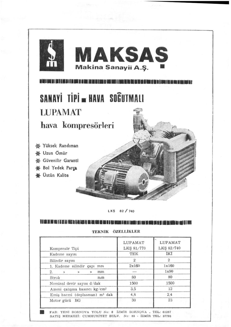 I I B I f l l I l l l U l l g l l H TEKNİK ÖZELLİKLER LUPAMAT LUPAMAT Kompresör Tipi LKŞ 81/770 LKŞ 82/740 Kademe sayısı TEK İKİ Silindir sayısı 2 2 1. Kademe silindir çapı mm 2x160 1x160 2.