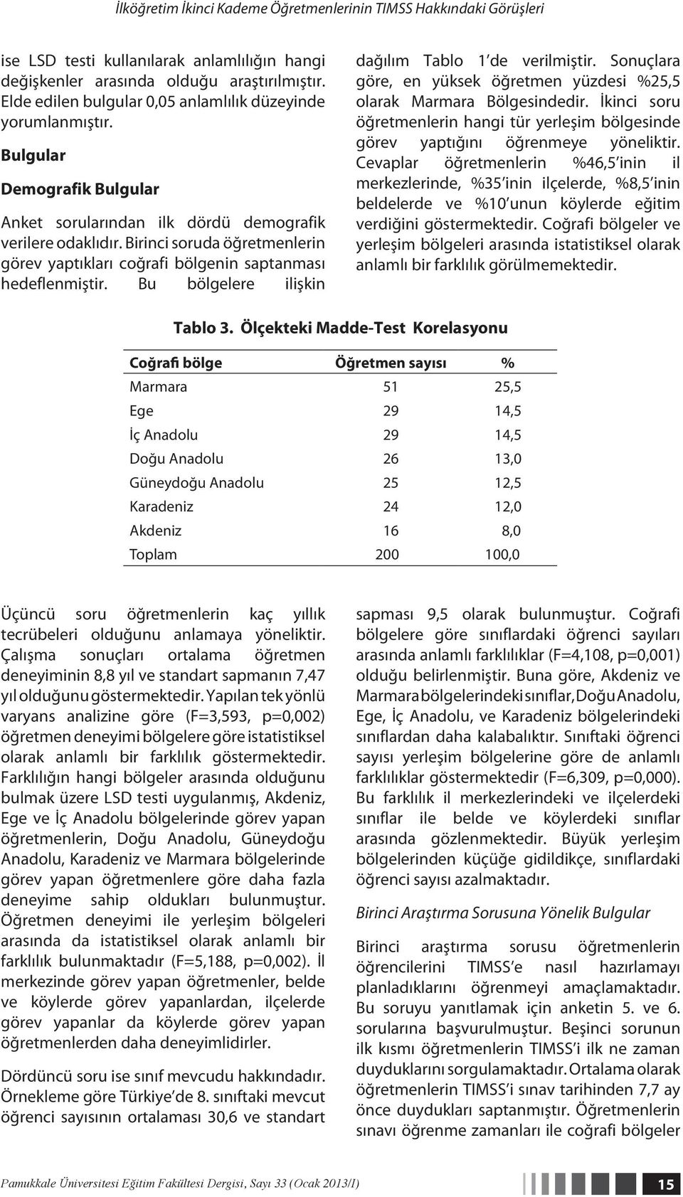 Birinci soruda öğretmenlerin görev yaptıkları coğrafi bölgenin saptanması hedeflenmiştir. Bu bölgelere ilişkin dağılım Tablo 1 de verilmiştir.