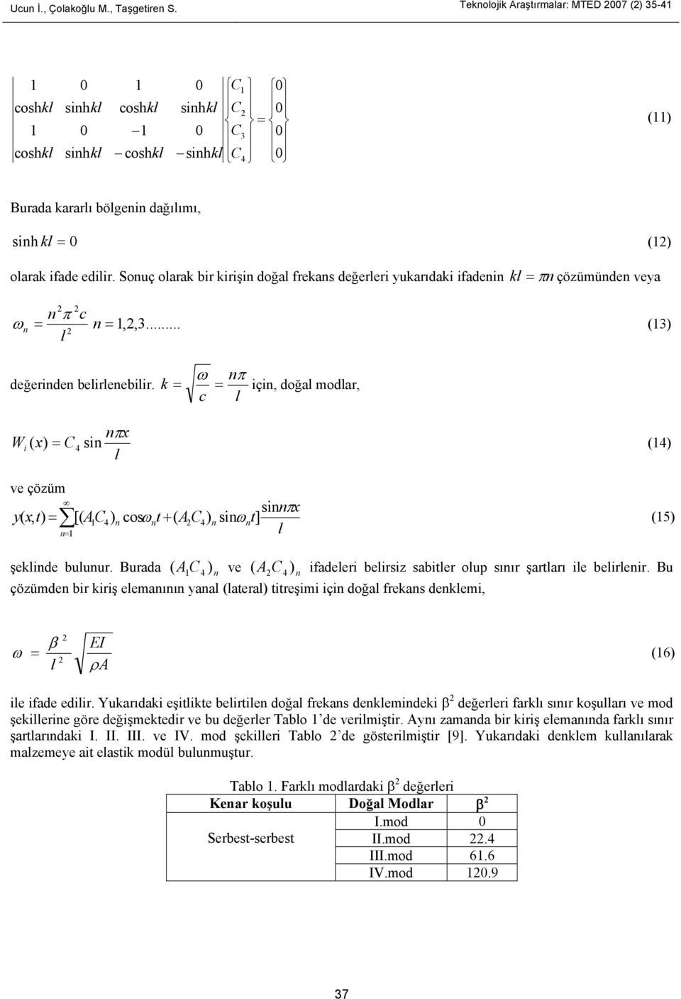 Souç olarak bir kirişi doğal frekas değerleri yukarıdaki ifadei kl = π çözümüde veya π c ω = =,,3... (3) l değeride belirleebilir.