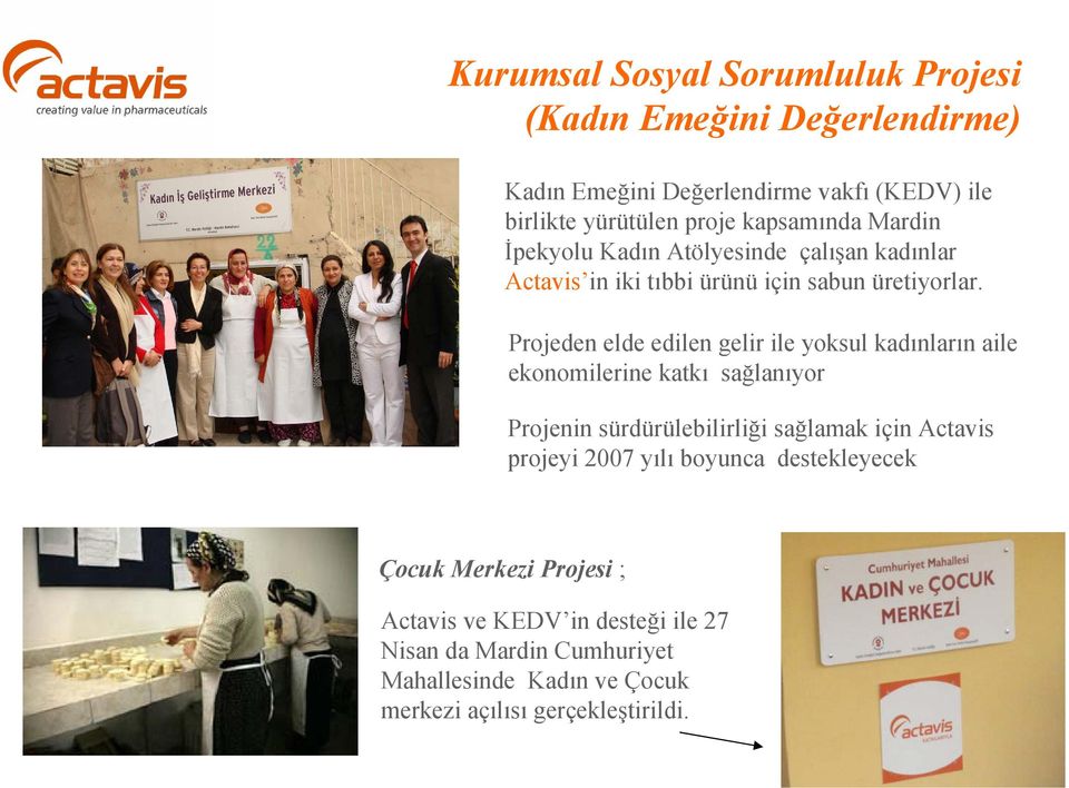 Projeden elde edilen gelir ile yoksul kadınların aile ekonomilerine katkı sağlanıyor Projenin sürdürülebilirliği sağlamak için Actavis projeyi