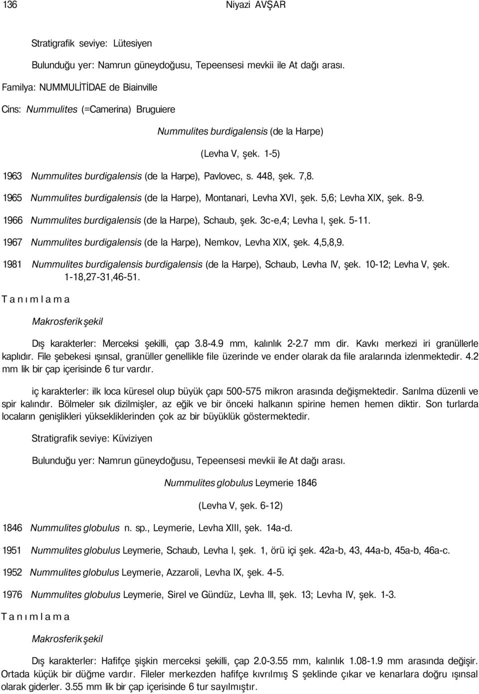 1966 Nummulites burdigalensis (de la Harpe), Schaub, şek. 3c-e,4; Levha l, şek. 5-11. 1967 Nummulites burdigalensis (de la Harpe), Nemkov, Levha XIX, şek. 4,5,8,9.