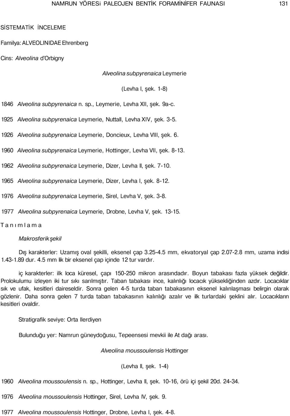 1926 Alveolina subpyrenaica Leymerie, Doncieux, Levha VIII, şek. 6. 1960 Alveolina subpyrenaica Leymerie, Hottinger, Levha VII, şek. 8-13. 1962 Alveolina subpyrenaica Leymerie, Dizer, Levha II, şek.