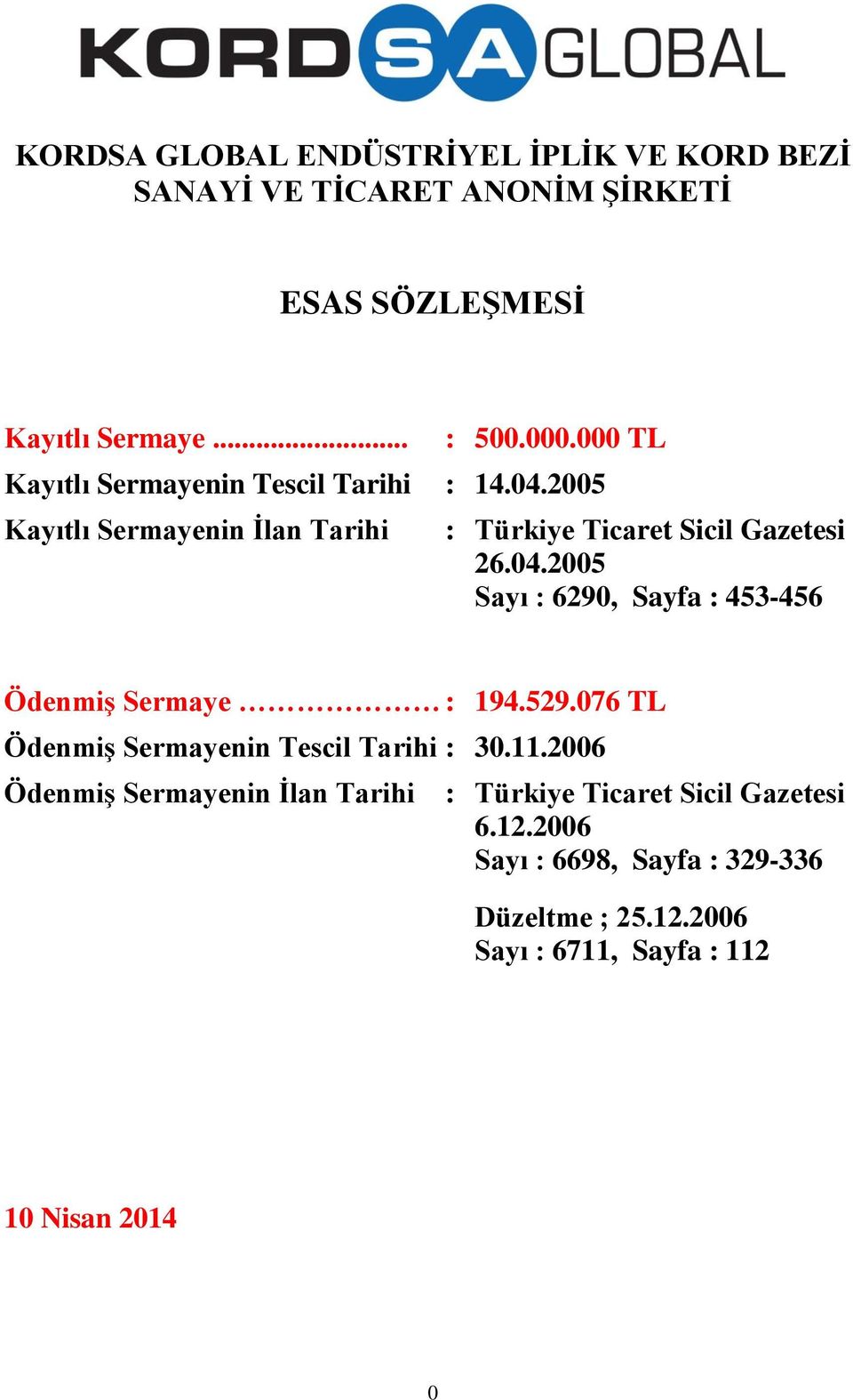 529.076 TL Ödenmiş Sermayenin Tescil Tarihi : 30.11.2006 Ödenmiş Sermayenin İlan Tarihi : Türkiye Ticaret Sicil Gazetesi 6.12.