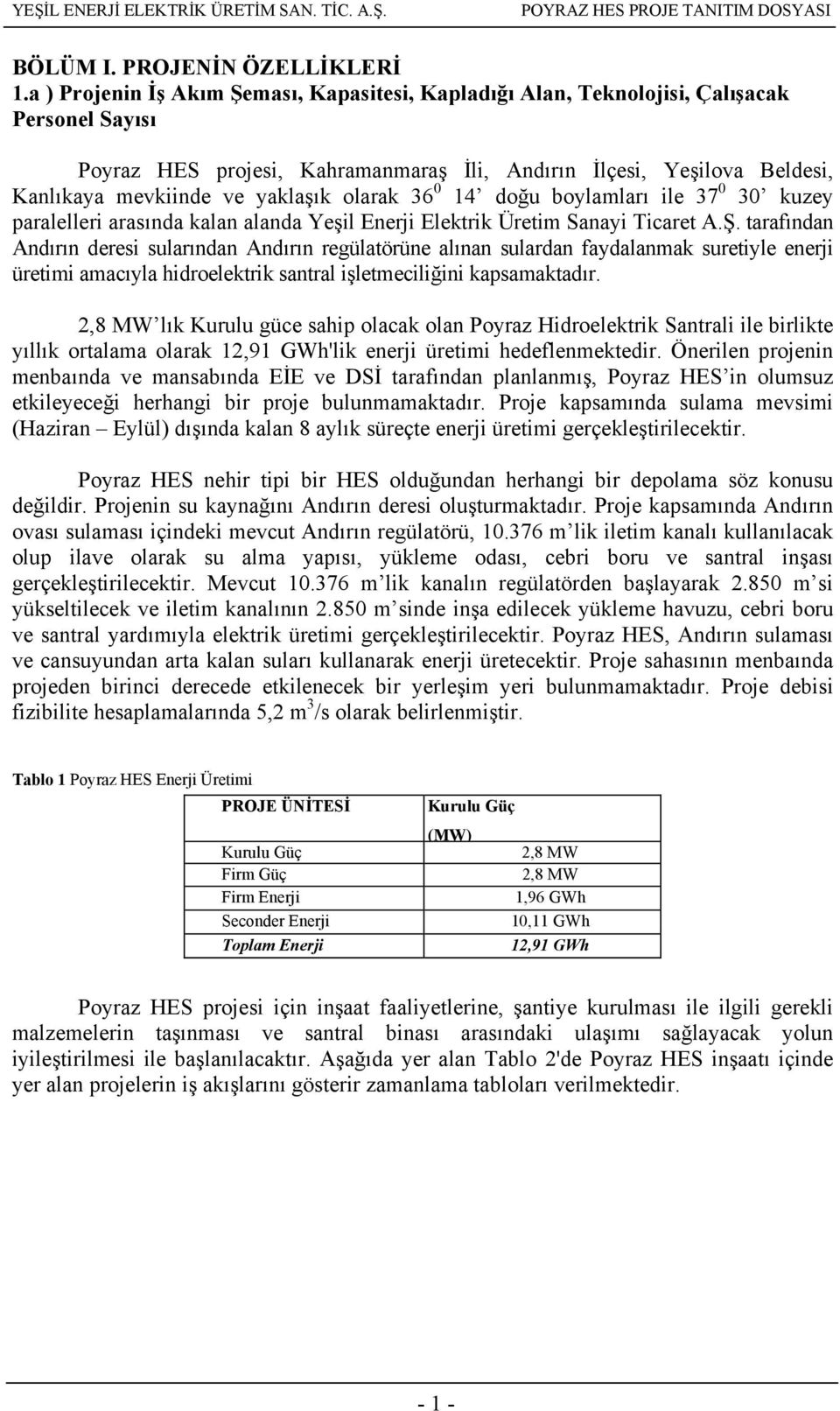 yaklaşık olarak 36 0 14 doğu boylamları ile 37 0 30 kuzey paralelleri arasında kalan alanda Yeşil Enerji Elektrik Üretim Sanayi Ticaret A.Ş.