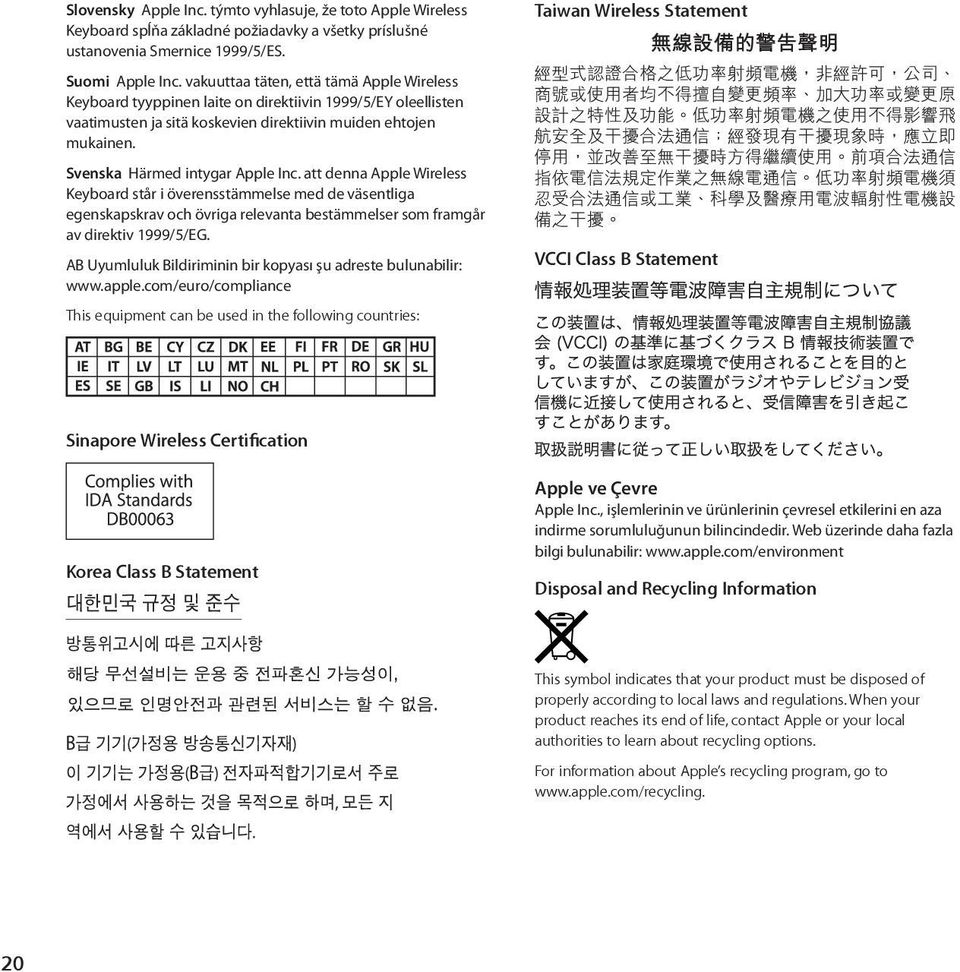 Svenska Härmed intygar Apple Inc. att denna Apple Wireless Keyboard står i överensstämmelse med de väsentliga egenskapskrav och övriga relevanta bestämmelser som framgår av direktiv 1999/5/EG.