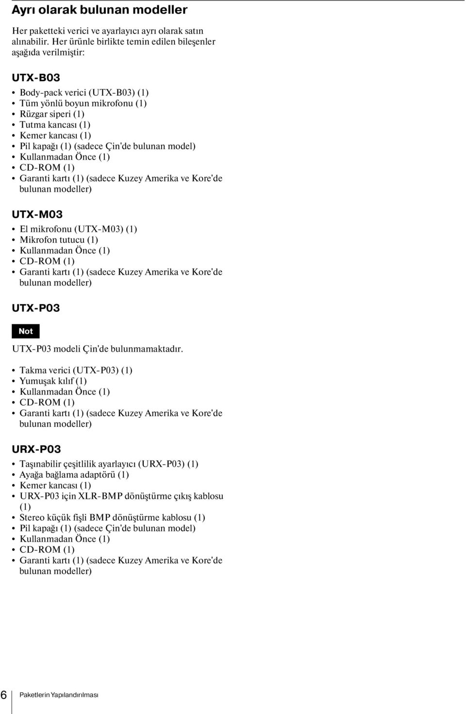 (1) (sadece Çin'de bulunan model) Kullanmadan Önce (1) CD-ROM (1) Garanti kartı (1) (sadece Kuzey Amerika ve Kore'de bulunan modeller) UTX-M03 El mikrofonu (UTX-M03) (1) Mikrofon tutucu (1)