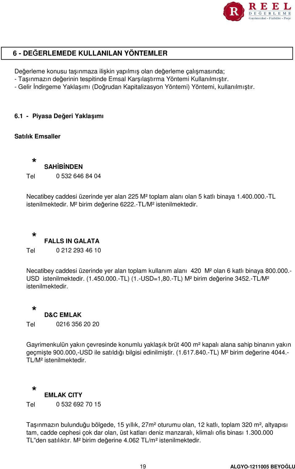 1 - Piyasa Değeri Yaklaşımı Satılık Emsaller Tel SAHİBİNDEN 0 532 646 84 04 Necatibey caddesi üzerinde yer alan 225 M² toplam alanı olan 5 katlı binaya 1.400.000.-TL istenilmektedir.