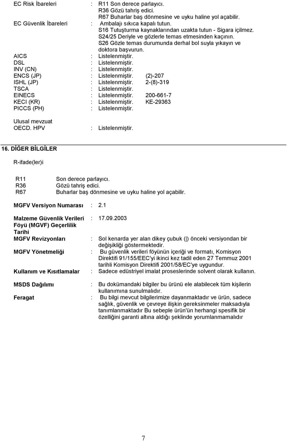 AICS : Listelenmiştir. DSL : Listelenmiştir. INV (CN) : Listelenmiştir. ENCS (JP) : Listelenmiştir. (2)-207 ISHL (JP) : Listelenmiştir. 2-(8)-319 TSCA : Listelenmiştir. EINECS : Listelenmiştir.