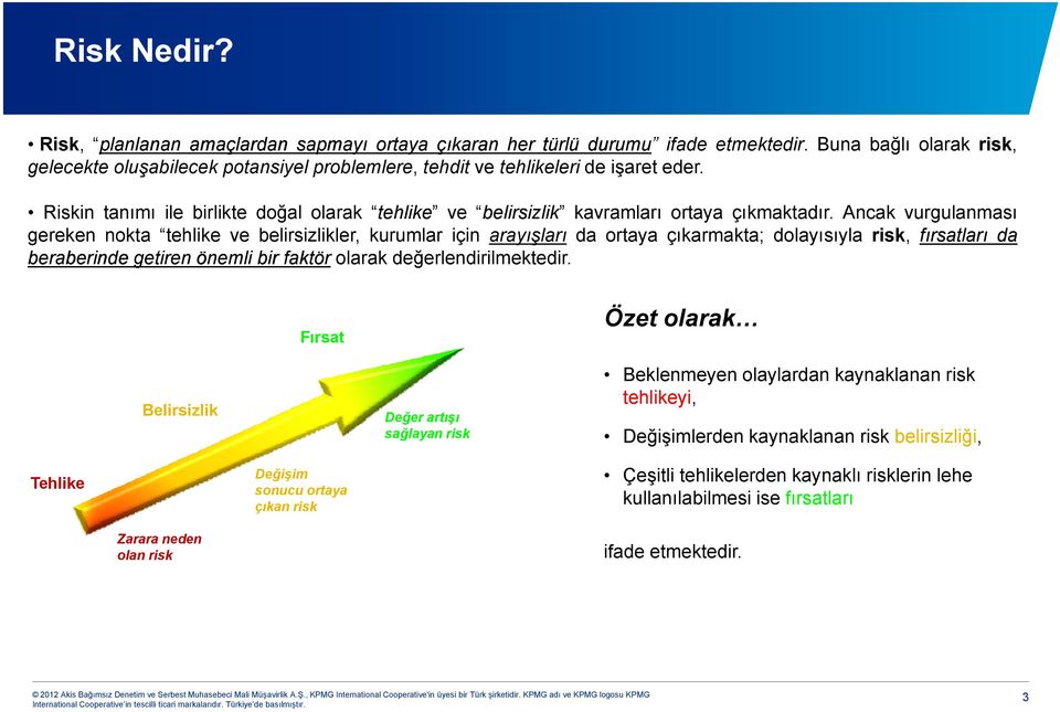 Riskin tanımı ile birlikte doğal olarak tehlike ve belirsizlik kavramları ortaya çıkmaktadır.