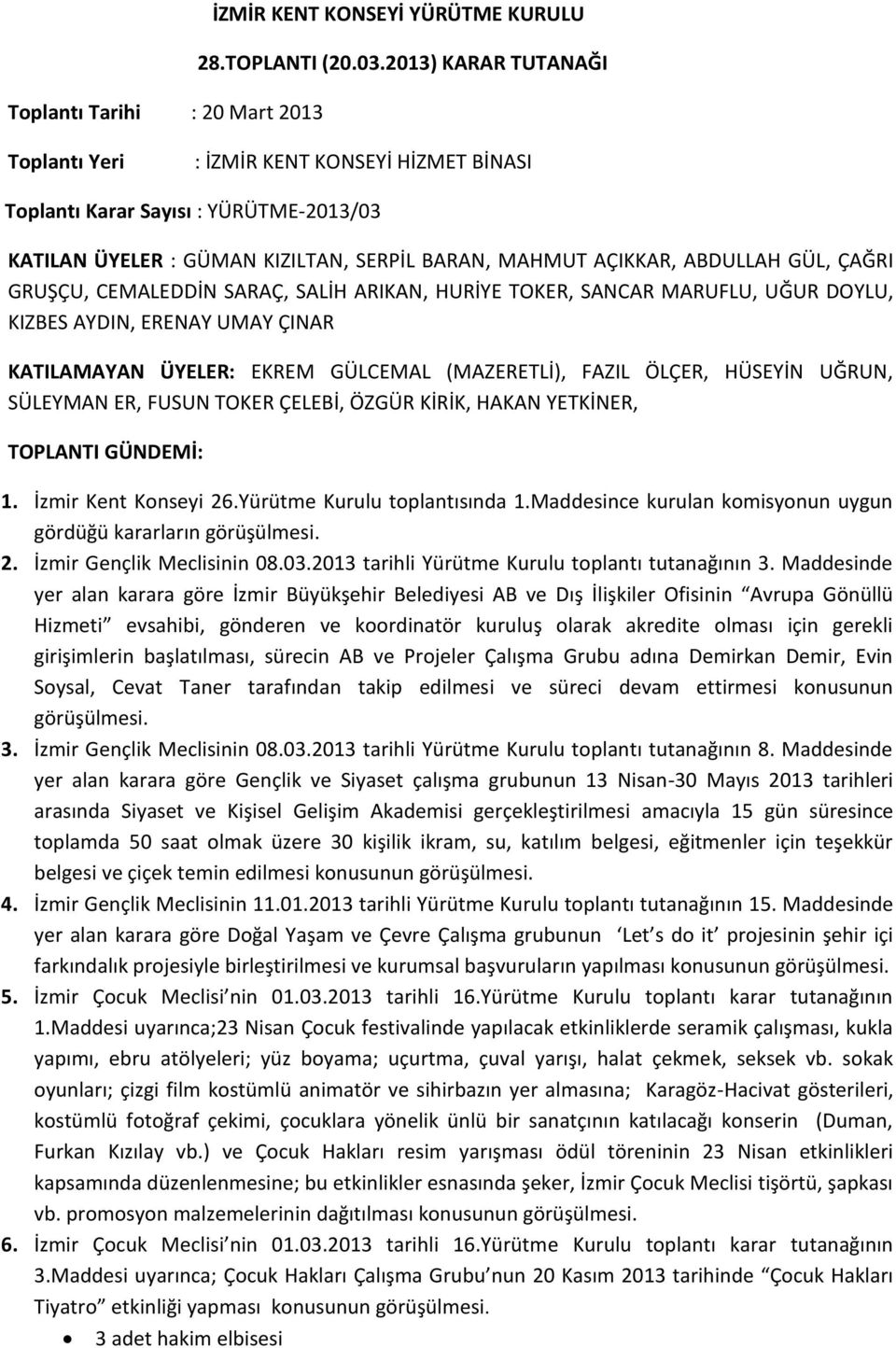 GRUŞÇU, CEMALEDDİN SARAÇ, SALİH ARIKAN, HURİYE TOKER, SANCAR MARUFLU, UĞUR DOYLU, KIZBES AYDIN, ERENAY UMAY ÇINAR KATILAMAYAN ÜYELER: EKREM GÜLCEMAL (MAZERETLİ), FAZIL ÖLÇER, HÜSEYİN UĞRUN, SÜLEYMAN