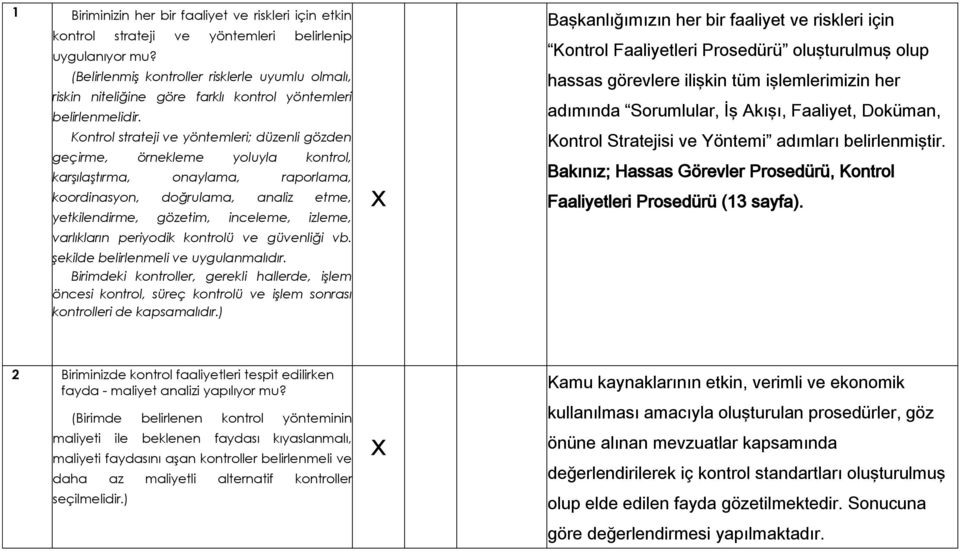 Kontrol strateji ve yöntemleri; düzenli gözden geçirme, örnekleme yoluyla kontrol, karşılaştırma, onaylama, raporlama, koordinasyon, doğrulama, analiz etme, yetkilendirme, gözetim, inceleme, izleme,