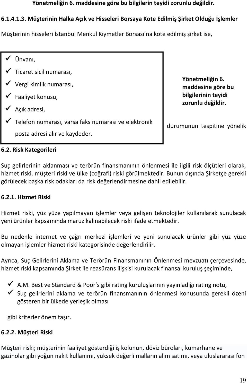 kimlik numarası, Faaliyet konusu, Açık adresi, Yönetmeliğin 6. maddesine göre bu bilgilerinin teyidi zorunlu değildir.