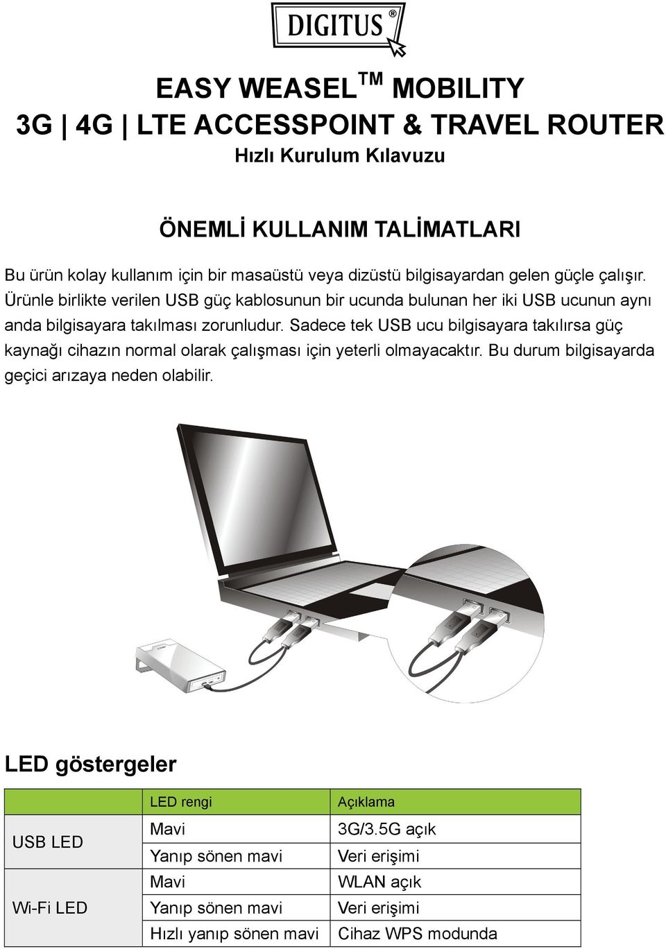 Sadece tek USB ucu bilgisayara takılırsa güç kaynağı cihazın normal olarak çalışması için yeterli olmayacaktır. Bu durum bilgisayarda geçici arızaya neden olabilir.