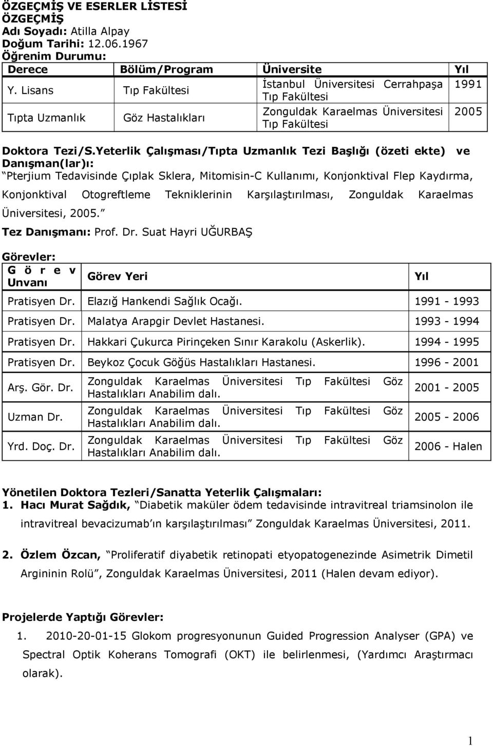 Yeterlik Çalışması/Tıpta Uzmanlık Tezi Başlığı (özeti ekte) ve Danışman(lar)ı: Pterjium Tedavisinde Çıplak Sklera, Mitomisin-C Kullanımı, Konjonktival Flep Kaydırma, Konjonktival Otogreftleme