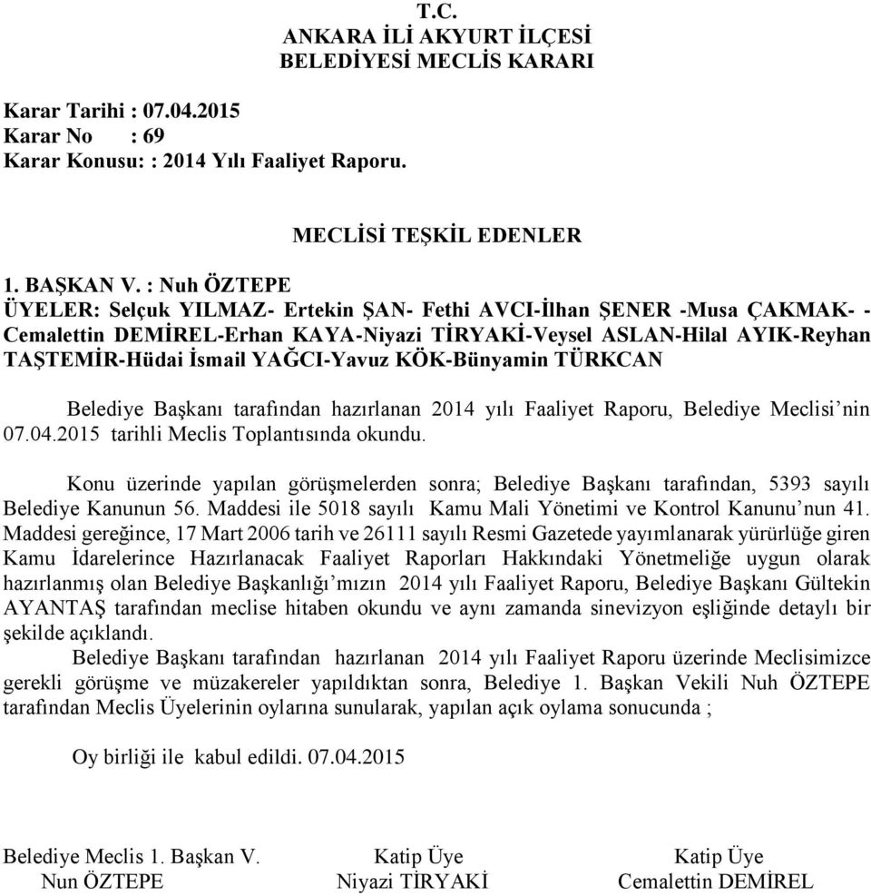 KÖK-Bünyamin Belediye Başkanı tarafından hazırlanan 2014 yılı Faaliyet Raporu, Belediye Meclisi nin 07.04.2015 tarihli Meclis Toplantısında okundu.