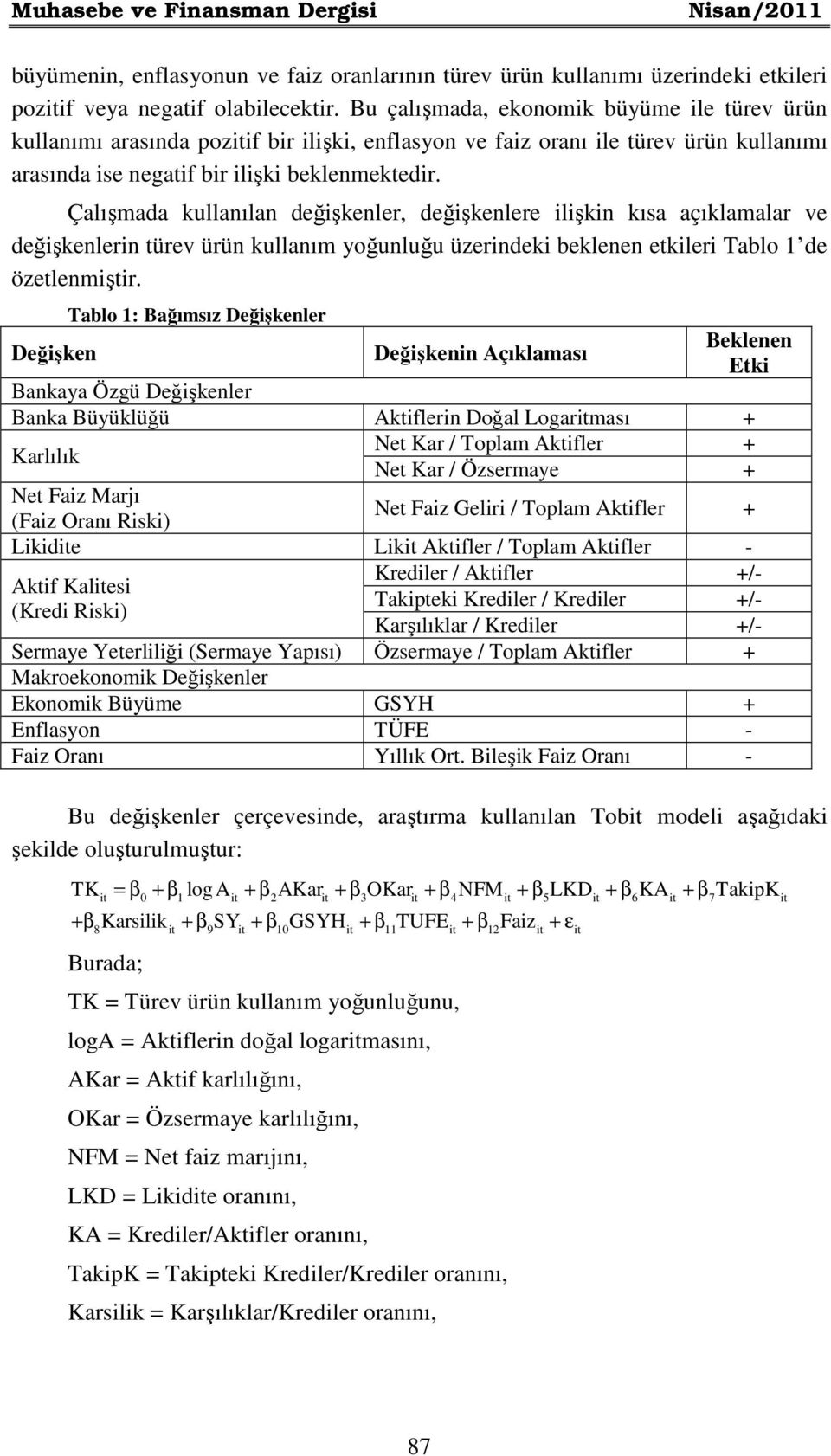 Çalışmada kullanılan değişkenler, değişkenlere ilişkin kısa açıklamalar ve değişkenlerin türev ürün kullanım yoğunluğu üzerindeki beklenen etkileri Tablo 1 de özetlenmiştir.