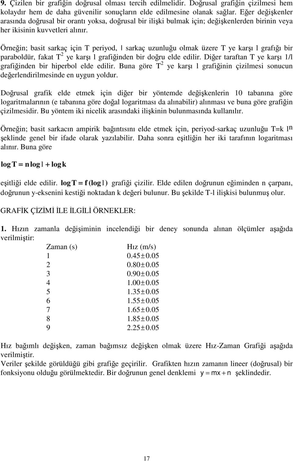 Örneğin; basit sarkaç için T periyod, l sarkaç uzunluğu olmak üzere T ye karşı l grafığı bir paraboldür, fakat T ye karşı l grafiğinden bir doğru elde edilir.