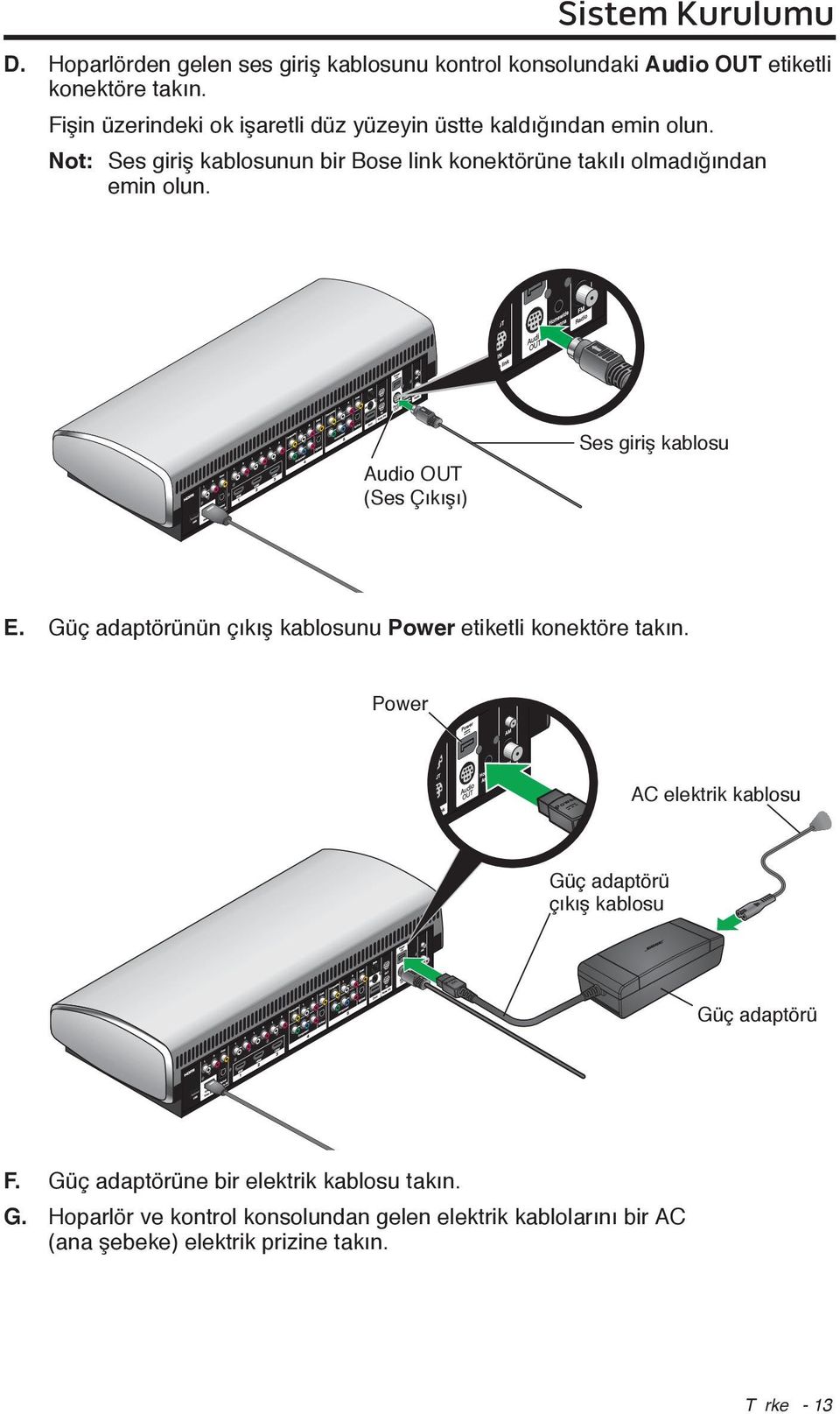 Audio OUT (Ses Çıkışı) Ses giriş kablosu E. Güç adaptörünün çıkış kablosunu Power etiketli konektöre takın.