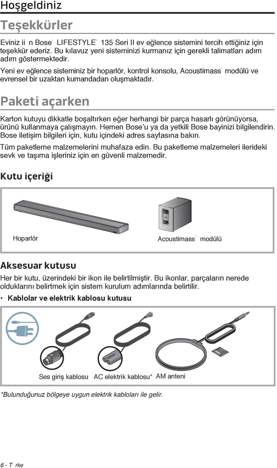 Yeni ev eğlence sisteminiz bir hoparlör, kontrol konsolu, Acoustimass modülü ve evrensel bir uzaktan kumandadan oluşmaktadır.