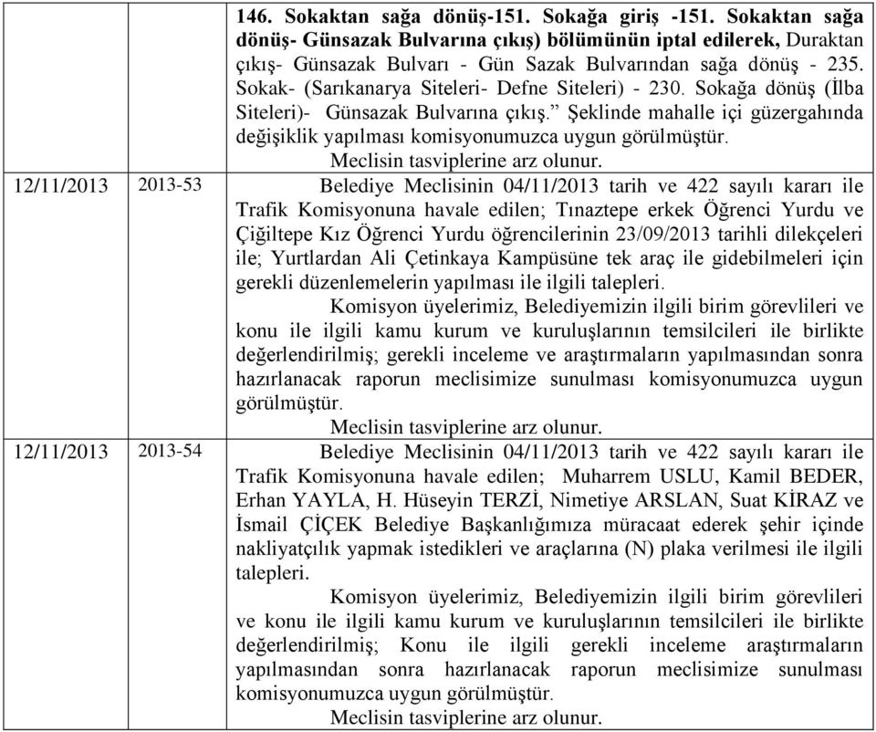 12/11/2013 2013-53 Belediye Meclisinin 04/11/2013 tarih ve 422 sayılı kararı ile Trafik Komisyonuna havale edilen; Tınaztepe erkek Öğrenci Yurdu ve Çiğiltepe Kız Öğrenci Yurdu öğrencilerinin