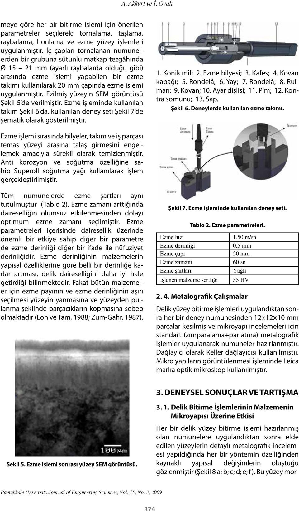 işlemi uygulanmıştır. Ezilmiş yüzeyin SEM görüntüsü Şekil 5 de verilmiştir. Ezme işleminde kullanılan takım Şekil 6 da, kullanılan deney seti Şekil 7 de şematik olarak gösterilmiştir. 1. Konik mil; 2.