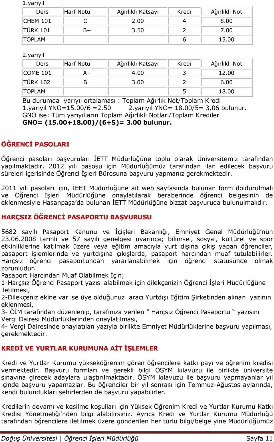 yarıyıl YNO=15.00/6 =2.50 2.yarıyıl YNO= 18.00/5= 3,06 bulunur. GNO ise: Tüm yarıyılların Toplam Ağırlıklı Notları/Toplam Krediler GNO= (15.00+18.00)/(6+5)= 3.00 bulunur.