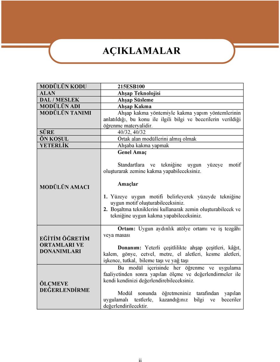 SÜRE 40/32,40/32 ÖNKO UL Ortakalan modüllerinialm olmak YETERL K AÇIKLAMALAR Ah abakakmayapmak GenelAmaç Standartlara ve tekni ine uygun yüzeye motif olu turarak zemine kakma yapabileceksiniz.